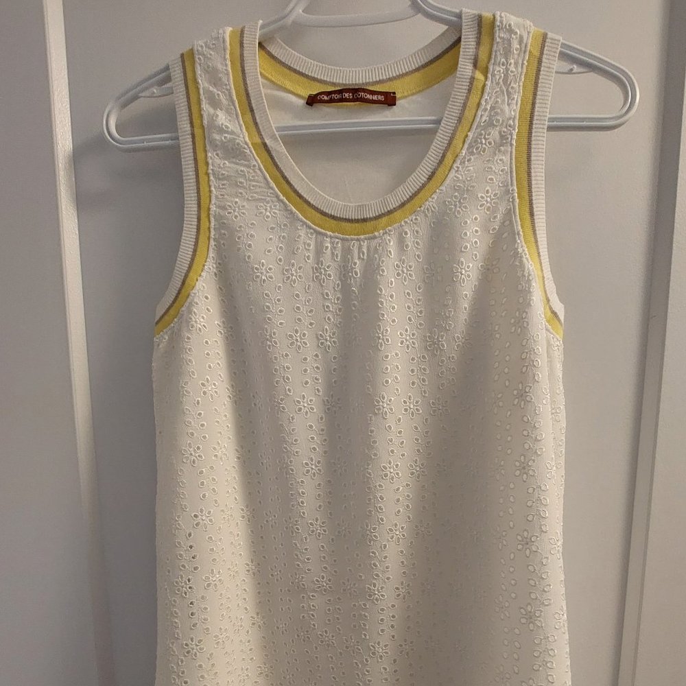 COMPTOIR DES COTONNIERS White Lined Eyelet Sleeveless Top w/Ribbed Trim - Sze XS
